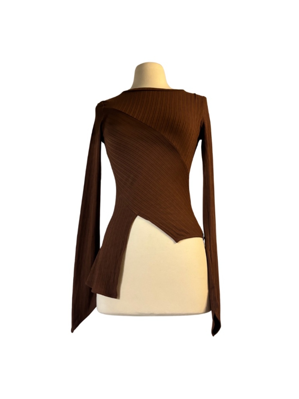 Brown Long Sleeve Top with Asymmetrical hemline